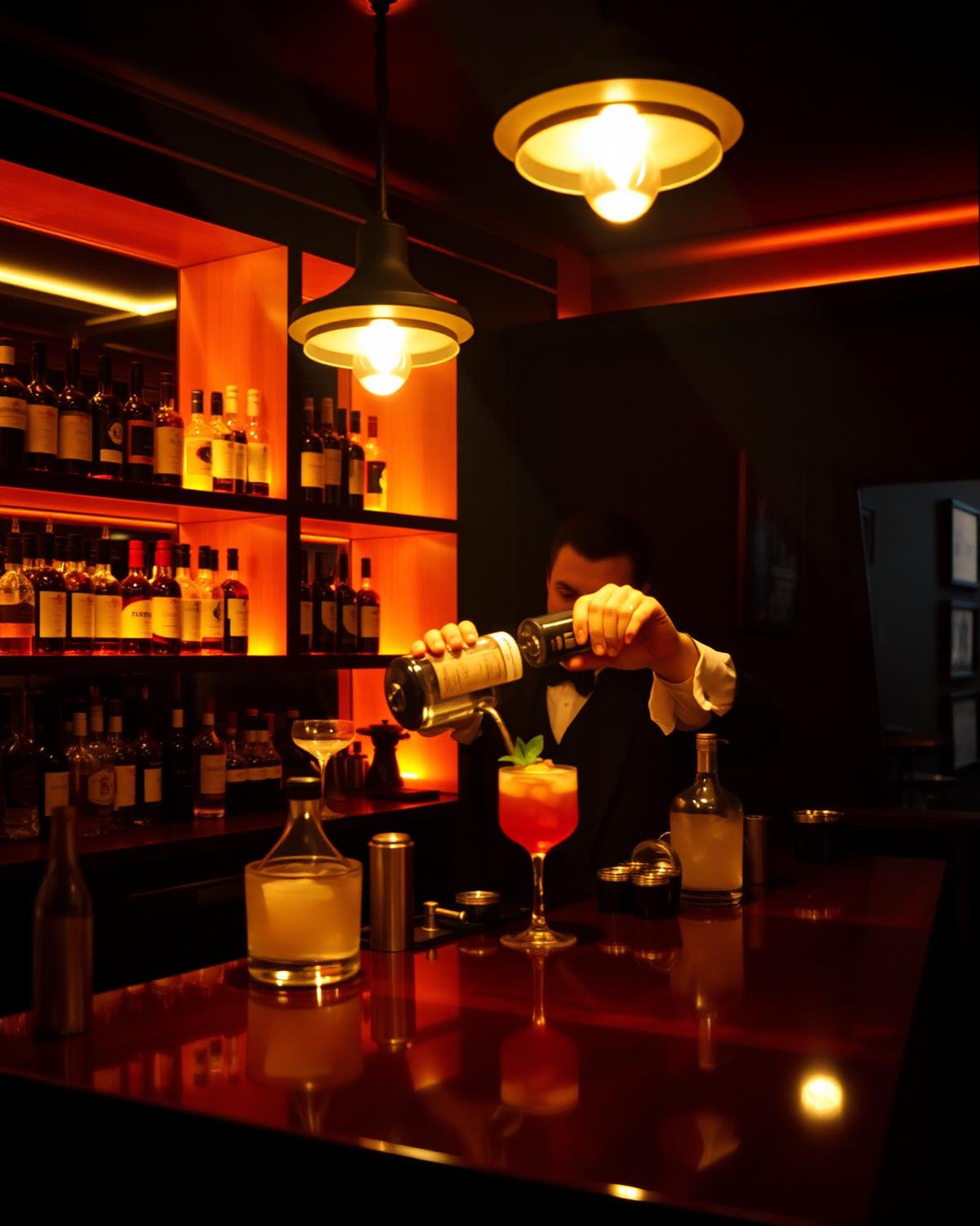 A bartender pouring a cocktail in a dim lounge