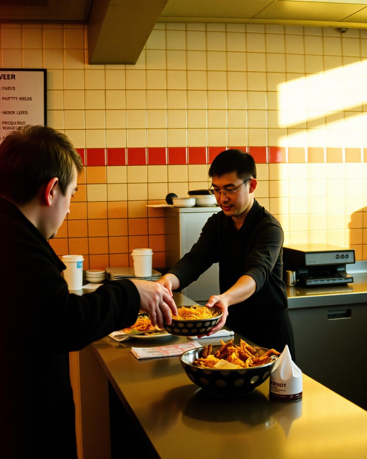 A counter handover at a fast casual restaurant